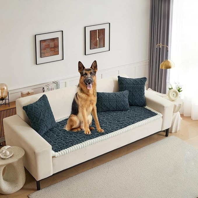 HANDONTIME Pet Couch Cover Jacquard Geometric Sofa Cover Faux Fur Plush Couch Covers for Pets Washable Durable Sofa Protector for 3 Cushion Non-Slip Furniture Cover (Stormy Blue, 27.6" x 82.7") by HANDONTIME