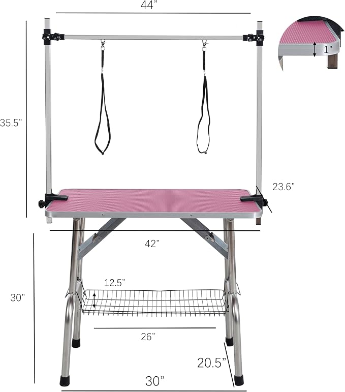42" Dog Grooming Table Foldable Pet Grooming Tables with Adjustable Arm Noose Storage Mesh Tray Maximum Capacity Up to 330lbs Pink - Image 2