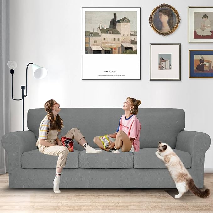 MAXIJIN 4 Piece Couch Covers for 3 Cushion Couch Sofa Covers, Stretch Couch Slipcovers for Sofas with 3 Cushions, Thick 3 Seat Furniture Protector for Dogs Pet (71"-91", Light Gray) - Image 2