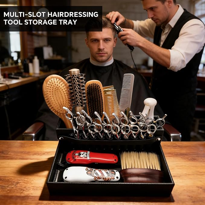 Barber Station Tray for Scissors Holder & Clippers Organizer, Barber Accessories Storage Station for Combs/Hair Clip/Trimmers, Barber Salon Home Desktop Tool Organizer(Small 11.9" x 8.8" x 4.4") - Image 3