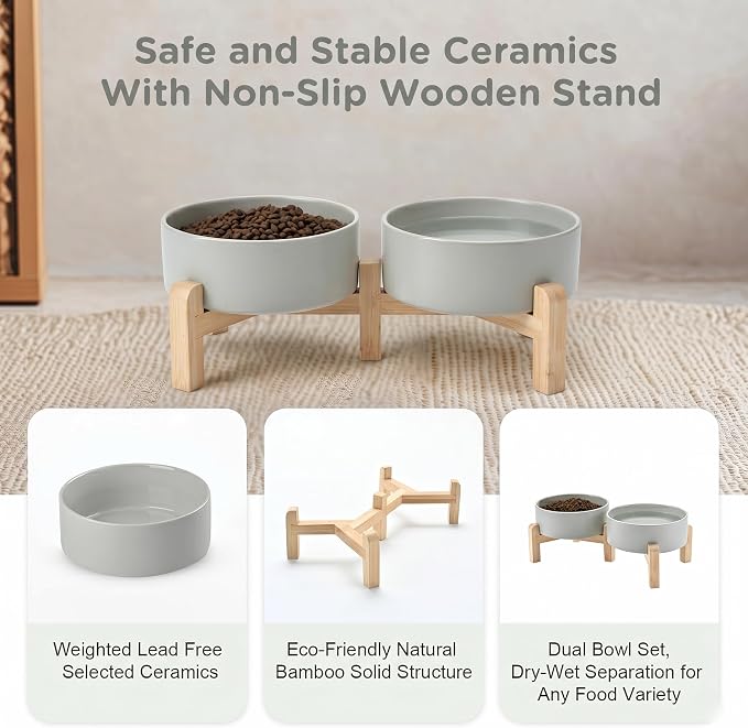 SPUNKYJUNKY Elevated Dog Bowls Ceramic, 5.1'' Dogs and Cat Food Water Bowls Raised with Non-Slip Bamboo Stand for Puppy Small Sized Breed Microwave Dishwasher Safe - 13.5 OZ,Grey - Image 6
