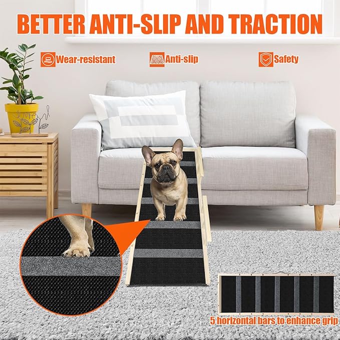 GaliGali Dog Ramp, Adjustable Portable Folding Pet Ramp, Grey 43.3" Long Wooden with Non-Slip Traction Pad for Small Old Dogs and Cats, Applies to Sofa, Couch, Car NO.GGPTZHI-110