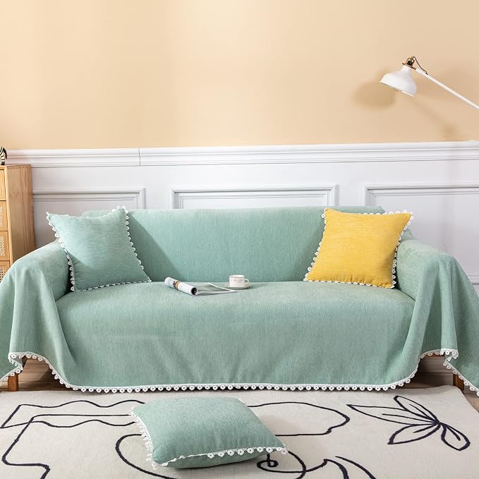 VClife Fresh Sage Green Couch Cover for Sectional Sofa, Soft Chenille Dog Couch Cover for 2 Cushion Couch Pet Friendly Sofa Slipcover Washable Sofa Covers with Floral Lace, 71"X118" - Image 2