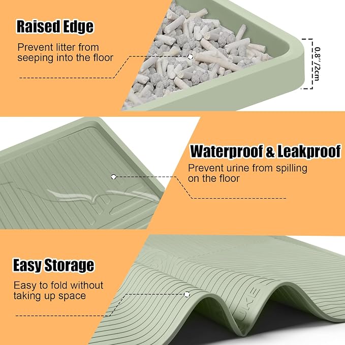 Silicone Cat Litter Mat 50" x 36" Cat Mat for Litter Box, Green | Extra Large Cat Litter Trapping Mat for Floor, Waterproof, Non-Slip Kitty Litter Box Mat with Raised Edge, Easy to Clean - Image 6