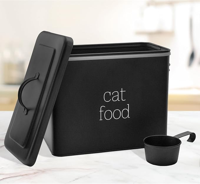 AuldHome Design Farmhouse Cat Food Container (Black) Enamel Look Rustic Cat Food Bin with Scoop - Image 2
