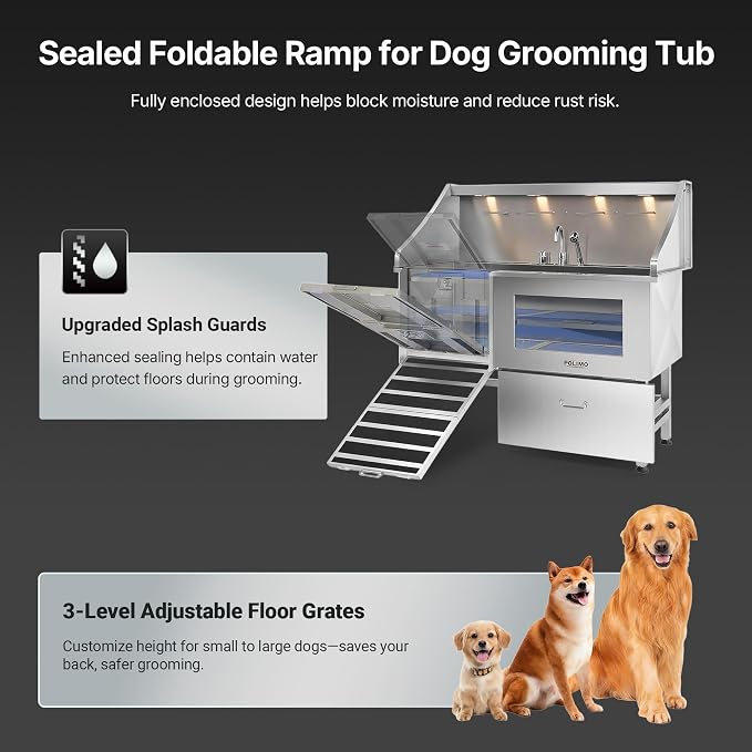 POLIMO Dog Washing Station with LED Display 61" (Left Ramp), 304 Stainless Steel Dog Bathtub for Large, Medium & Small Dogs, Professional Grooming Tub with Faucet, Storage Drawer, Floor Grate, Window - Image 5