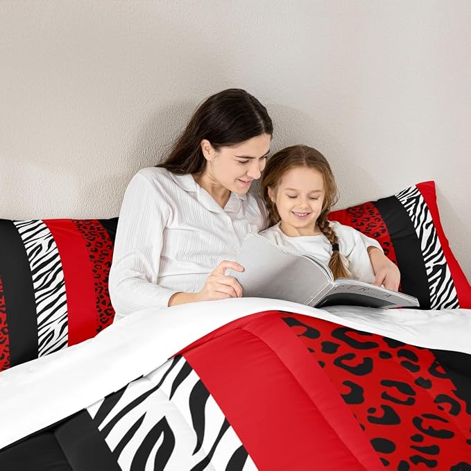 Leopard Print Comforter Set King Size,Zebra Skin Texture Bedding Set 3pcs for Kids Teens Girls Woman Bedroom Decor,Striped Fashion Quilt Set Black White and Red Duvet Insert with 2 Pillowcases,Rustic - Image 2