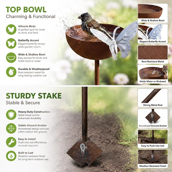 2 Pack Rusty Rain Catcher Garden Stake - Adjustable Metal Bird Feeder and Bath Bowl, Butterfly Style Vintage Outdoor Decor for Lawn Yard, Attracts Birds and Beneficial Insects - Image 2