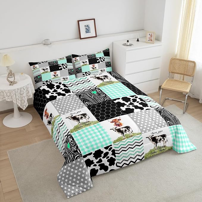 Cute Cow Print Comforter Set King Size Kawaii Highland Cow Bedding Set Bedroom Decor Honeycomb Plaid Pattern Geometric Stripes Down Comforter Cartoon Farm Animals Duvet Set, Green Black Grey - Image 4