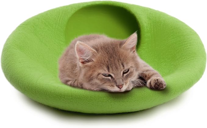 Woolygon Premium Felt Cat Cave Bed – Wool Kitty Beds Handcrafted Kitten Caves Bed for Indoor Cats - Made from Merino Wool, Foldable Cat Hideaway Covered Cat House Pod (Green Plain) - Image 3