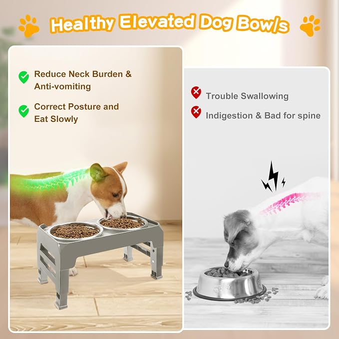 Elevated Dog Bowls for Small Dogs 3 Height Adjustable Raised Dog Bowl Stand with 25oz Stainless Steel Food Bowls Anti-Slip Small Dogs Feeder Adjusts to 7.5", 6", 2.75", Light Brownish Gray - Image 3