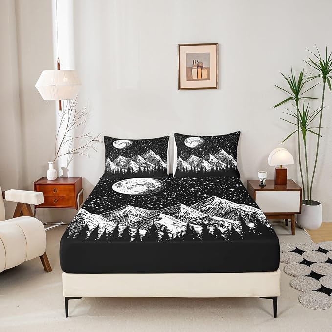 Sun Moon Bed Sheets Full Size 4Pcs Abstract Sun Stars Sheet Set for Kids Boys Mystic Chic Boho Flat Sheet Teens Adult, Mountain Tree Sketch Bedroom Decor Fitted Sheet with 2 Pillowcases,Black White - Image 5