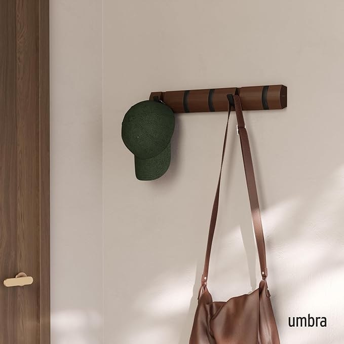 Umbra Flip Coat Rack, Wall Mounted 5-Hook Space Saving, Walnut/Black | Real wood and steel build, retractable hooks fold flat, holds coats bags and scarves, easy install - Image 2