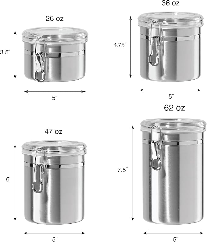 Oggi Set of 4 Stainless Steel Kitchen Canisters - Airtight Clamp Lid, Clear See-Thru Top - Ideal for Kitchen Storage, Food Storage, Pantry Storage - Includes 1 each: 26oz, 36oz, 47oz, 62oz. - Image 5