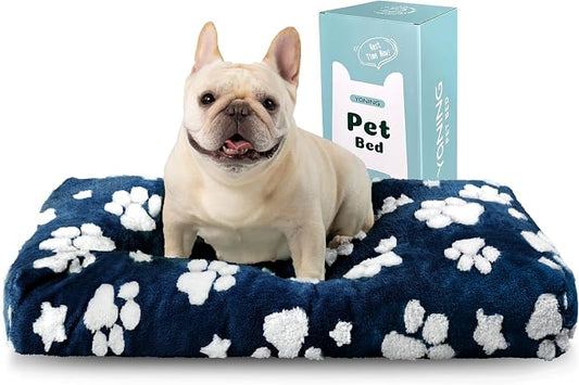 Cute Fluffy Dog Beds for Small Medium Dogs, 30"x 20", Navy Paw | Thick Dog Bed for Crate Kennel, Pet Bed with Removable Washable Cover, Anti-Slip Bottom by Yaning
