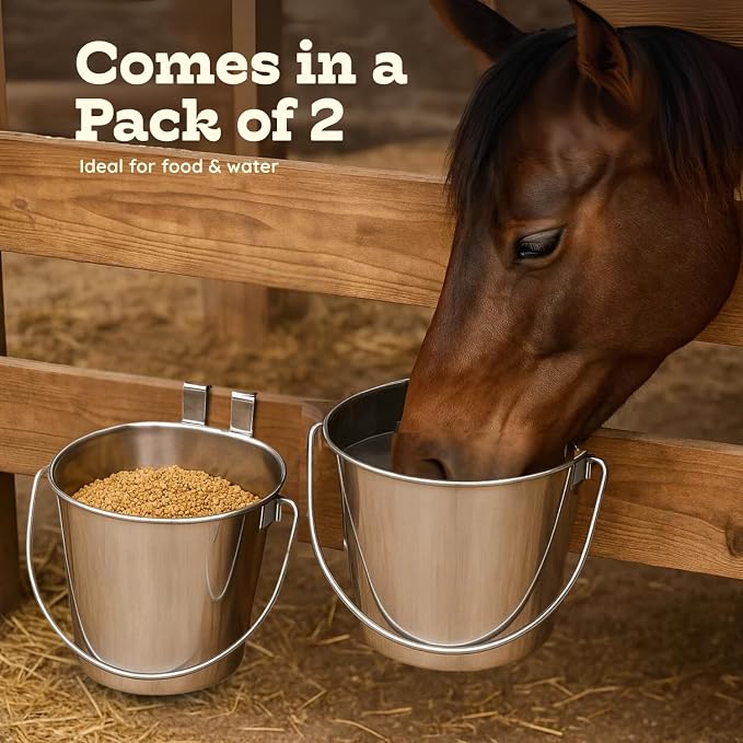9 Quart Stainless Steel Flat Sided Bucket with Dual Hooks | 2 Pcs Food & Water Bowl for XL Dog Goat Cattle Horse & Livestock | Fits kennel Crate Cages Farm Hanging Pet Pail | Multipurpose - Image 3
