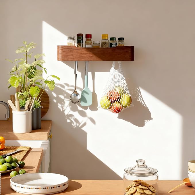 Coat Rack Wall Mount with Shelf Entryway Shelf Modern Key Holder Hanger Wall Shelves with Hidden Hooks for Hanging Towels Coats Hats Bags for Hallway Bathroom Bedroom(Walnut Color, 5 Hooks) - Image 7