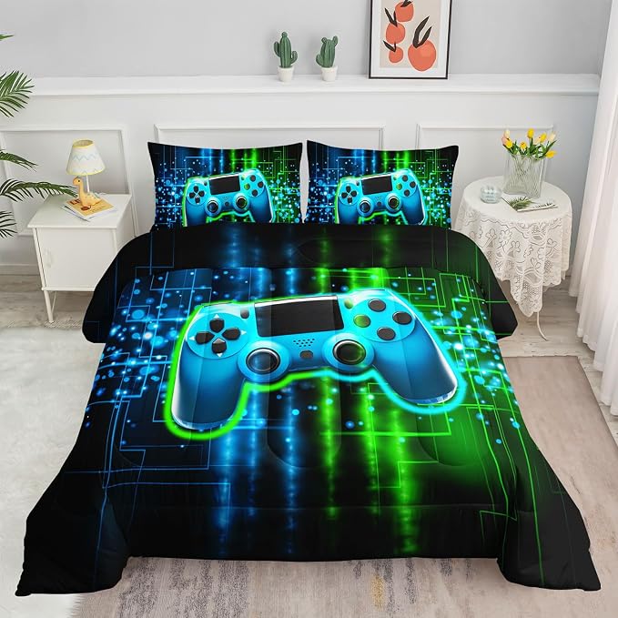 Green Gamepad Comforter Set 3D Gamepad Printed Bedding Set with 1 Comforter and 2 Pillowcases for Boys and Girls Bedroom All Season(Gamepad Twin) by SmellSunshine