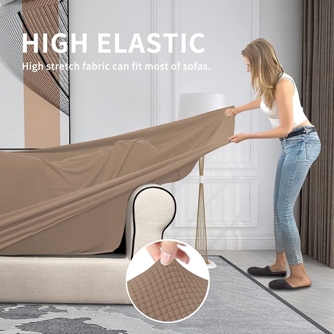 Easy-Going 4 Pieces Stretch Couch Cover Oversized Sofa Cover for Dogs Washable Sofa Slipcover for 3 Separate Cushion Couch Spandex Elastic Furniture Protector for Pets, Kids (Camel, Oversized Sofa) - Image 4