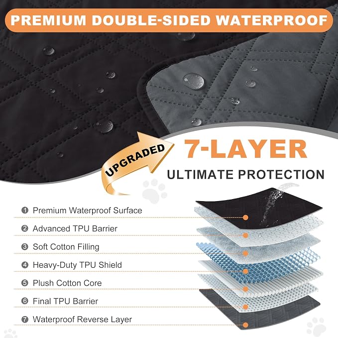 100% Waterproof Dog Bed Cover Pet Blanket(35"x71"),7-Layer Reversible Washable Sofa Couch for Furniture Car (Black+Blackish Gray) - Image 2