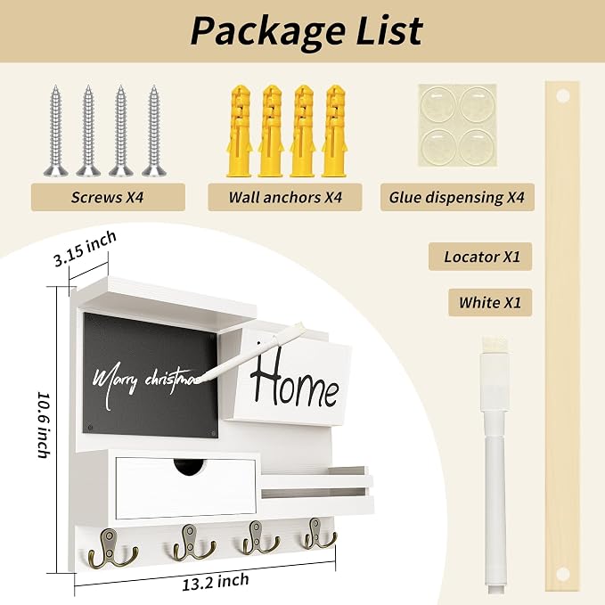 Farmhouse Key Holder for Wall with Mail Organizer - Easy Installation Wall Mount Organizer, Includes Chalkboard, Drawer, Wallet Holder & 4 Double Hooks, Ideal for Entryway, Quick Access - White - Image 4