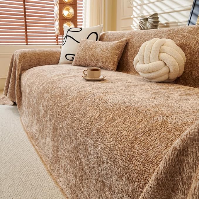 XL Khaki Couch Cover for Dogs Scratch Non Slip Chenille Sofa Cover | Wear & Tear Resistant Furniture Protector for Pets Dogs Cats, Suitable for Chairs, Loveseat, L-Shaped Sofas, Tassels Design - Image 2