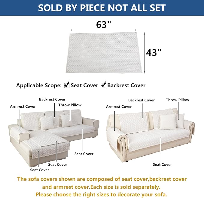Eismodra Couch Cover,Sectional Couch Covers,Sofa Covers for 3 Cushion Couch,Anti-Slip Sofa Slipcovers for Dogs Cats Kids Loveseat Recliner L Shaped Armrest Backrest,White 43''x63''(Only 1 Piece) - Image 5