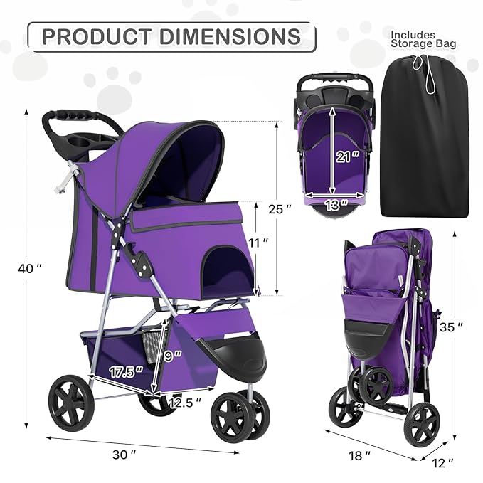 MoNiBloom 3 Wheels Pet Dog Cat Stroller for Small Medium Dogs Cats, Lightweight Foldable Jogger Stroller w/Storage Basket and Cup Holder, Purple