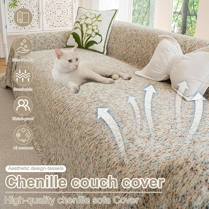 ROOMLIFE Boho Beige Couch Cover for Dogs, Washable Non Slip Furniture Protector Couch Sofa Covers for 3 Cushion Couch, Soft Chenille Couch Cover Throw Blanket with Tassels 71''X134'' - Image 2