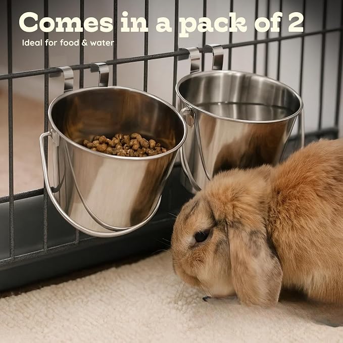 2 Quart Stainless Steel Flat Sided Bucket with Dual Hooks | 2 Pcs Durable Food & Water Bowl for Dog Cats Bird & Small Animals | Fits kennel Cage Crates Hanging Pet Pail | Multipurpose use - Image 5