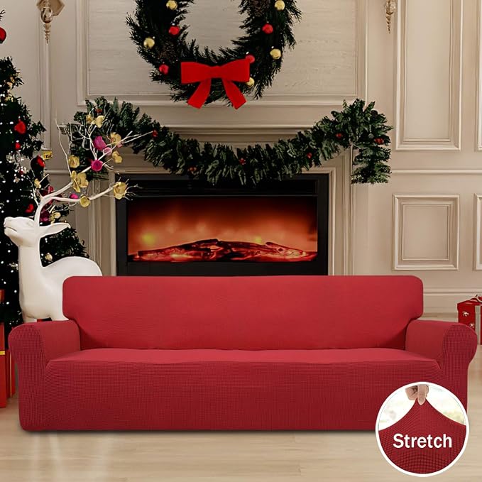 Easy-Going Stretch 4 Seater Oversized Sofa Couch Cover Christmas Red | 1-Piece Extra X-large Sofa Cover Furniture Protector Couch Soft with Bottom for Kids, Spandex Jacquard - Image 2