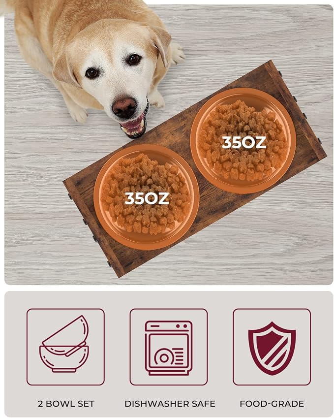 Vantic Elevated Dog Bowls, Adjustable Bowl Stand Medium, Rustic Brown | Particle Board Raised Dog Bowl Stand with 2 Stainless Steel Bowls for Medium Dogs - Image 4