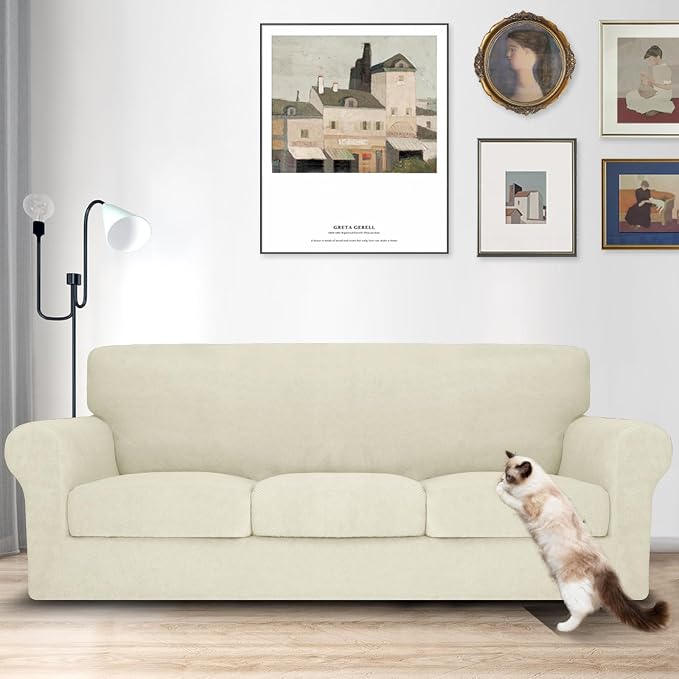 MAXIJIN 4 Piece Couch Covers for 3 Cushion Couch Sofa Covers, Stretch Couch Slipcovers for Sofas with 3 Cushions, Thick 3 Seat Furniture Protector for Dogs Pet (71"-91", Beige) - Image 2