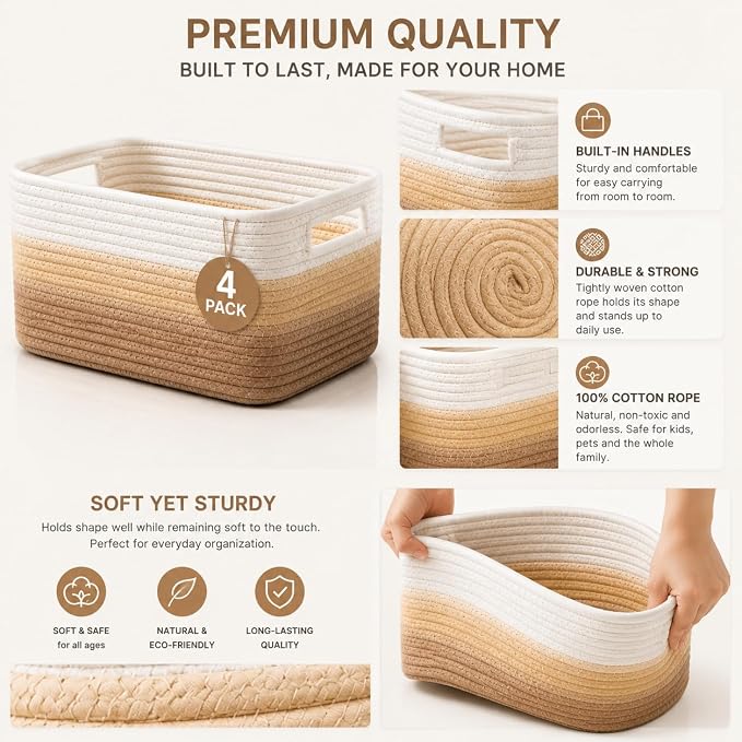 4 sets of hand-woven cotton rope storage boxes, suitable for toys, books, clothes, bathrooms, car trunks used for organizing decoration, Khaki color Two 16x14x7 in two 14x10x7in - Image 6