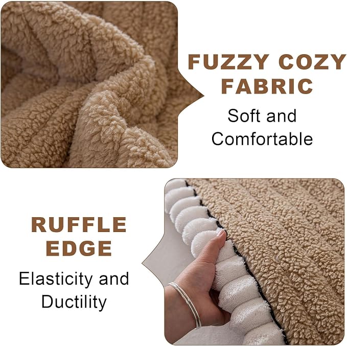 STACYPIK Plush Sherpa Khaki Pets Couch Cover, Non Slip Geometric Sofa Cover for Sectional, Washable Furniture Protector for 3 Cushion Couch, Multi-use Dogs Bed Mat Pet Friendly-27.6x70.9IN - Image 4