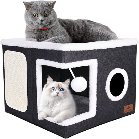 Cat Beds for Indoor Cats, Large Cat Cave Bed with Scratch Pad and Fluffy Ball, Foldable Cat Hideaway, Cat House with Reversible Cushion for Multi Small Pet Up to 30LBS, Dark Grey by Unknown
