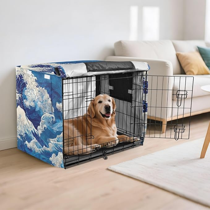 Dog Crate Cover Kennel Cover for Dog Cages Breathable for Wire Cage Indoor Outdoor Deep Blue Sea Waves - Image 6