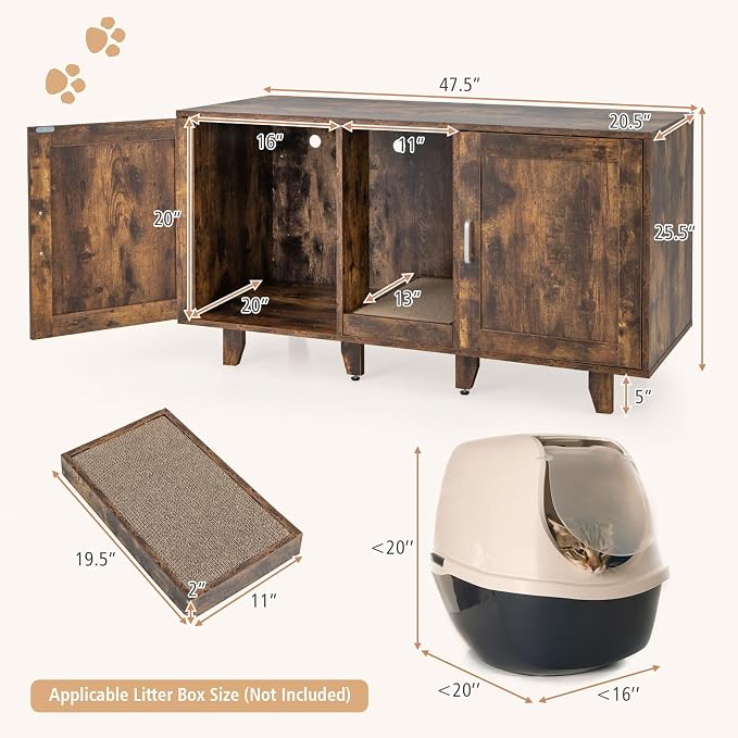 Tangkula Patented Double Cat Litter Box Enclosure for 2 Cats, Large Stackable Hidden Privacy Cat Washroom Cabinet with Scratching Board, Indoor Cat House TV Stand, Litter Box Furniture (Rustic Brown) - Image 4