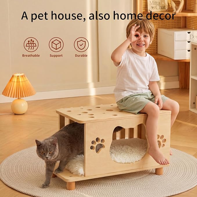 4-in-1 Wooden Cat House, Breathable Cat Cave with Washable Cushion Cat Beds for Indoor Cats - Image 3