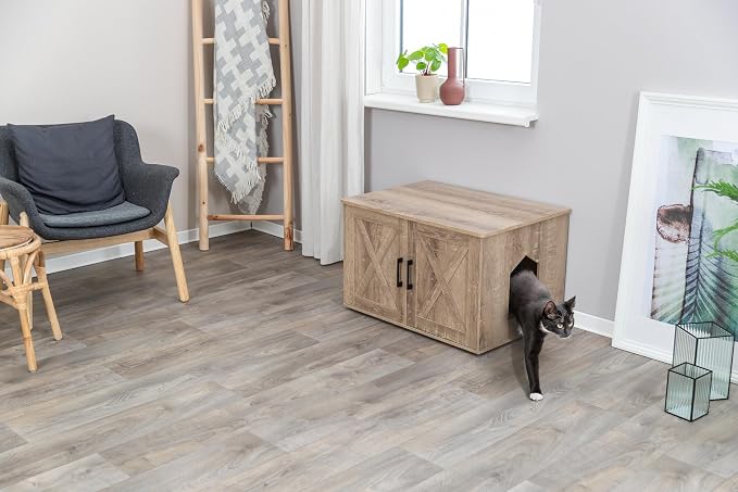 TRIXIE XL Farmhouse Litter Box Enclosure (Graywash), Hidden Litter Box for Cats in Farmhouse-Style, Openings on Either Ends, Large Ventilations Slots, Double Doors for Easy Cleaning, Removable Divider - Image 2