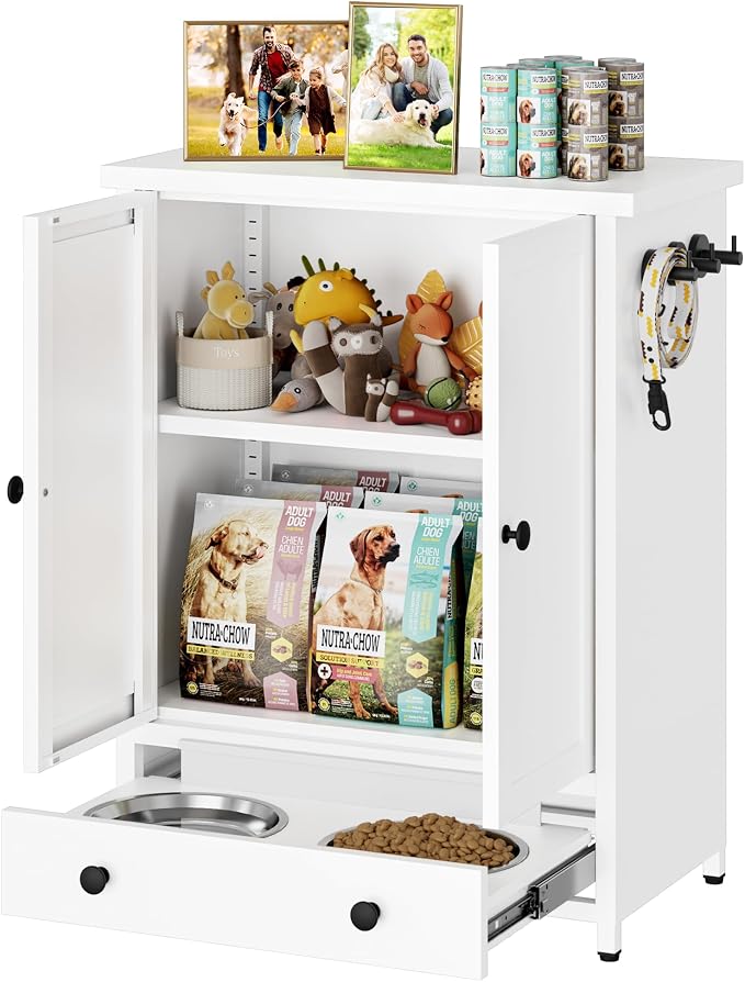 Dog Feeding Station with Storage, Metal Dog Food Storage Cabinet with 2 Elevated Bowls and 3 Hooks, Pet Feeding Station and Dogs Food Storage Organizer, White - Image 9