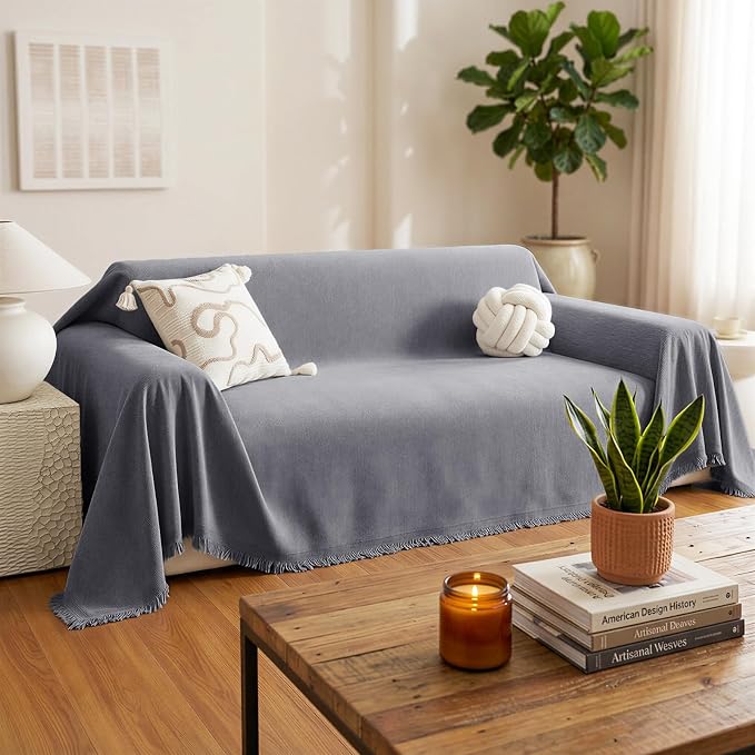 Chenille Couch Cover for Dogs, Boho Sofa Cover Washable Couch Cover, 3 Cushion Sofa Cover, Pet Throw Blankets for Couches with Tassel Furniture Protector Covers,71"×118",Gray - Image 2