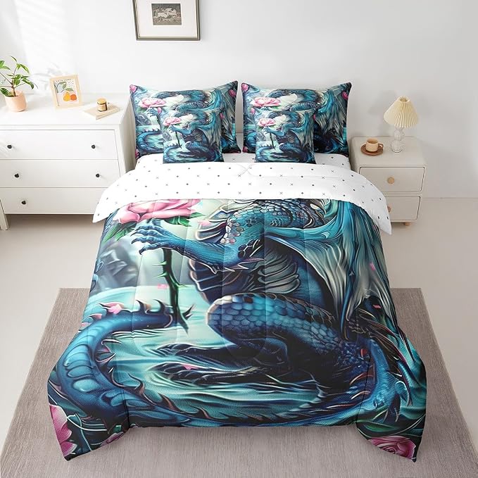 Erosebridal Floral Dragon Comforter Sets with Sheets - Magical Animal Bedding Set King for Boys Girls Pink Rose Dragon Theme 7Pcs Bed in A Bag Cute Wildlife Bed Set - Image 2