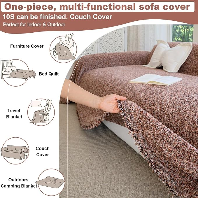 ROOMLIFE Pink Couch Cover for 3 Cushion Sofa, Chenille Sofa Couches Slipcover Sectional Sofas Covers with Tassel, Washable Soft Breathable Furniture Protector Cover for Living Room, 71 '' X 118'' - Image 6