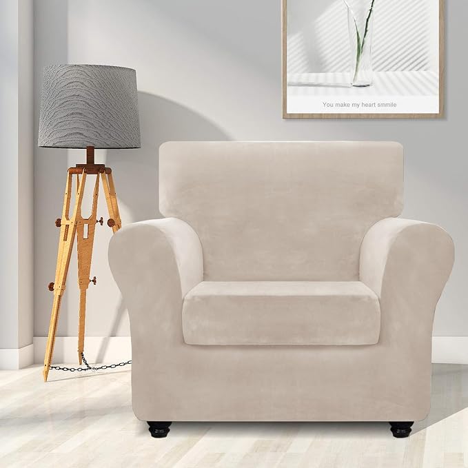 ZNSAYOTX Luxury Velvet Chair Slipcovers with Arms 2 Piece Stretch Chair Covers for Living Room Thick Soft Armchair Slipcover Anti Slip Dog Pet Friendly Furniture Protector (Khaki),30"-47"(1 Cushion) - Image 2
