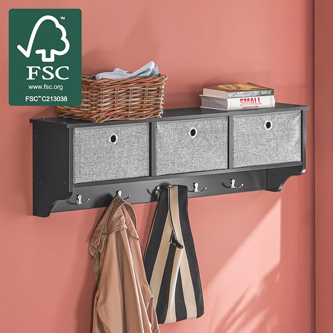SoBuy Wall Shelf with Hooks | Coat Rack Wall Mount with Shelf Entrywall Storage Cabinet Unit with 3 Baskets 5 Hooks, Black, FRG282-SCH - Image 4