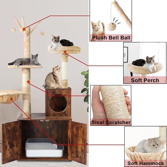 Timberer Cat Tree Tower with Litter Box Enclosure, 2-in-1 Wooden Cat Condo with Sisal Scratching Post, Hammock, Brown - Image 5