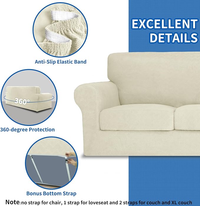 MAXIJIN 3 Piece Couch Covers for 2 Cushion Couch Sofa Cover, Stretch Loveseat Sofa Slipcovers for Sofas with 2 Large Cushions, Thick Dogs Pet Furniture Covers (71"-91", Beige) - Image 3