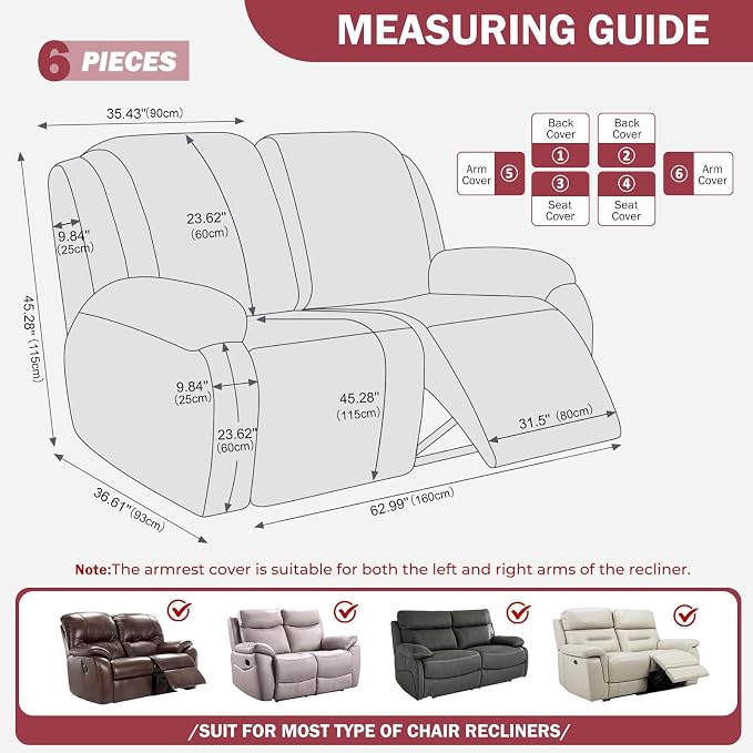 vctops Diamond Recliner Loveseat Slipcover 6-Pieces Stretch Dual Recliner Sofa Covers for 2 Seat Dual Reclining Loveseat Couch Soft Solid Furniture Protector (Wine Red,2 Seat) - Image 2