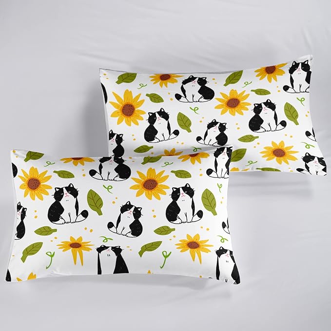 QOOMO Kawaii Cat Comforter Full Size,Sunflower Cat Comforter Set for Kids Teens Girls Boys,3Pcs Bedding Set Printed Comforter with 2 Pillowcases,Down Alternative,Soft and Lightweight，Full Size - Image 6